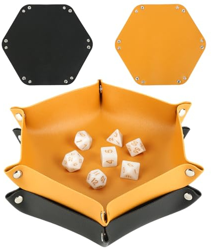 2 stycken tärningsbrickor, hexagon, läderkubbräda med 7 kuber, vikbar skivbricka och kubskål, smyckesskål för förvaring av smycken, klockor, mobiltelefoner och tärningsspel (svart, ingefära)