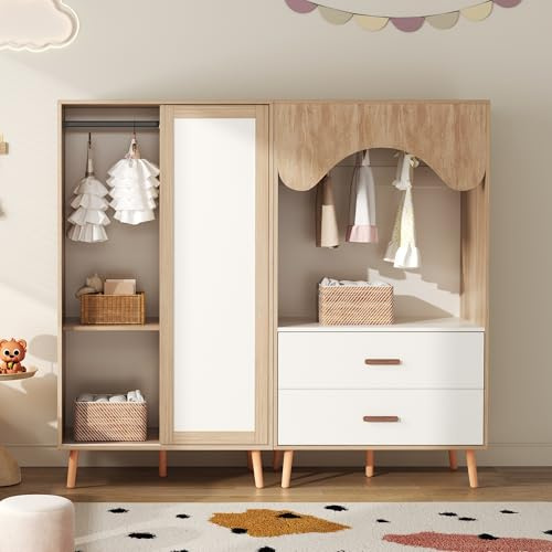 Moimhear Perchero infantil, Perchero con puerta corredera+Armario abierto, Armario combinado, muebles combinados, combinación de colores blanco+madera natural (Set 2)