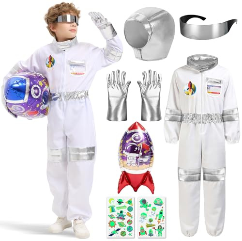 Lubolee Costume Astronauta per Bambini con Casco, Guanti, Cohete Gonfiabile, Adesivi e Occhiali Spaziali - Per Bambini e Bambine, Carnevale, Halloween Feste di Compleanno e Eventi a Tema (L)