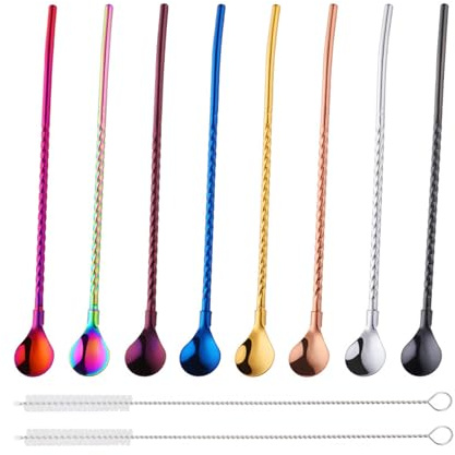 Auroriel 8 Pièces Cuillères à Paille en Acier Inoxydable 2-en-1 avec Structure Spiralée pour Slush, Cocktails, Latte Macchiato, Smoothies, Réutilisables, Faciles à Nettoy