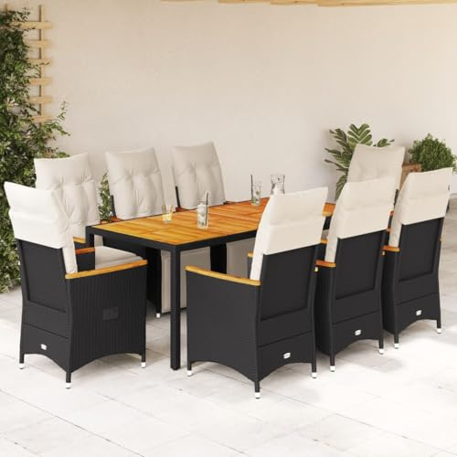 Set di 9 bistrò da giardino con cuscino nero in polyrattan, regolabile in legno di acacia, resistente ai raggi UV, per balcone, terrazza, giardino, sala da pranzo