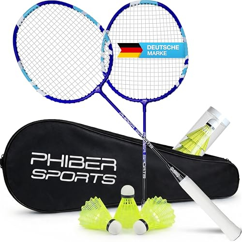 PHIBER-SPORTS Badminton racketset – 2 x badmintonracket 3 x fjäderbollar + väska – robust fjäderbollset för trädgård och park – Perfekt för nybörjare och proffs (badmintonracket set)