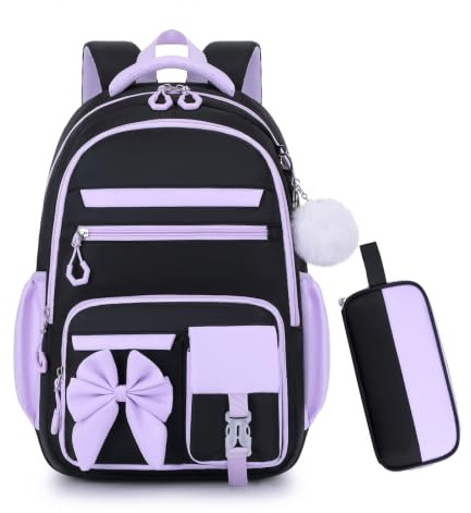 Byitin Skolväska, flicka, 2 set med pennfodral – stor volym tonåring, skolryggsäck, vattentät skolväska ryggsäck barn med ergonomisk design för grundskola och utomhus (svart-lila)