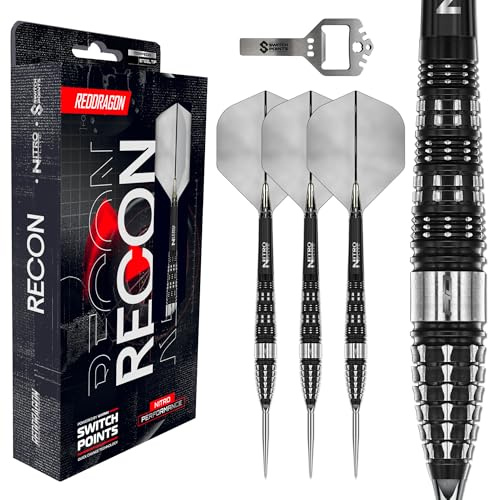 Röd DRAGON Darts – Recon Switch Points Serie 25 g | Drivs av Winmau | Torpedo | 90 % Tungsten Profi dartpilar – NitroFlite integrerad flyg/schack | Dart pilar steeldarts dartvingar och skaft