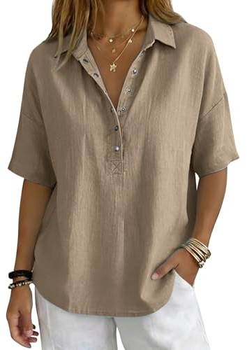 Generico Camicia Estiva Donna Blusa Lino Elegante Camicetta Manica Corta Scollo a V Button Down Magliette Tinta Unita Cotton Lavoro Casual Tops Estive T Shirt