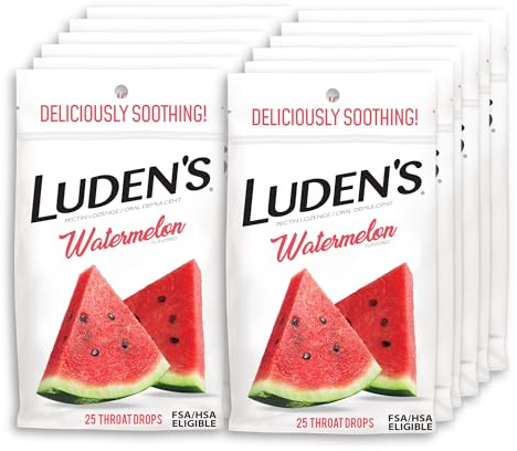 Luden's Sore Throat Relief Lozenges for Minor Everyday Irritation & Dry Mouth, Watermelon Flavored Drops, 25 Count, Pack of 12