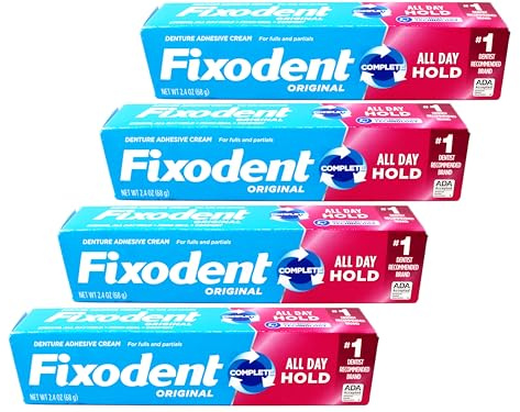 Fixodent Denture Adhesive Cream Original, All Day Hold for Fulls and Partials, 2.4 oz, (Pack of 4)