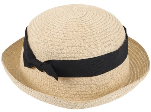 Amosfun Womens Foldable Straw Sun Hat Dome Design Bowknot Roll-up Wide Brim Summer Beach Hat Beige