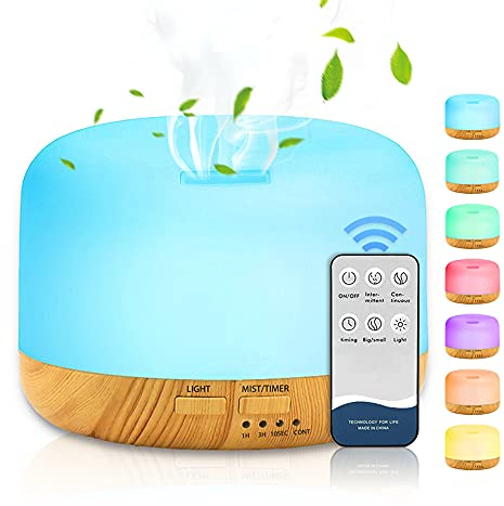 DASIAUTOEM Humidificador Aceites Esenciales, 450ML Humidificador Aromaterapia Ultrasónico, Aromas Difusor Silencioso Purificador de Aire con Control Remoto 7 Colores LED para Hogar Bebé Oficina Hotel