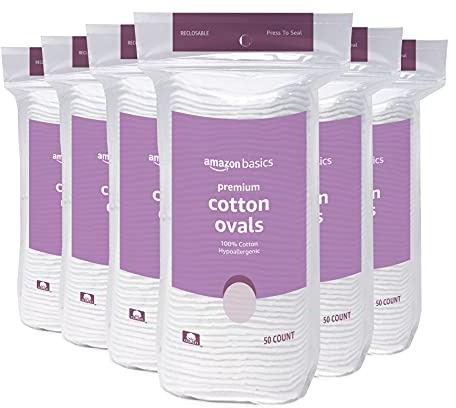 Amazon Basics Oval Premium Makeup Remover Pads, Large, Cotton, Exfoliating, 300 Count (6 Packs of 50) (Previously Solimo)
