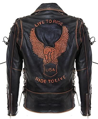 Infinity Leather Live TO Ride Eagle Läder Motorcyklist Jacka Herr Vintage Svart Brando, Svart gnugga bort, 5XL