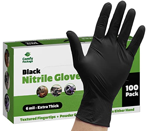 Comfy Package [100 Gants] Gants en Nitrile Noirs Jetables, Sans Latex, 6 Mil Ultra Résistants, Sans Poudre, Résistants aux Produits Chimiques, Embouts Texturés - Taille Large.