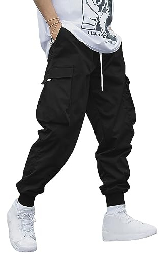 YAOHUOLE Pantalones cargo de algodón para hombre, pantalones tácticos casuales elásticos para hombre, cintura elástica, Negro, M