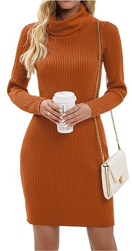 Imuedaen Women's Turtle Neck Jumper Dress Long Sleeve Knitted Dress Sweater Dress Knitted Jumper Slim Fit Knitwear Pullover for Autumn Winter (A Orange, XS)