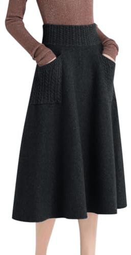 Minetom Strickrock Damen Herbst Winter Stricken Lange Röcke Hohe Taille Elegant Elastisch Einfarbig A-Linie Midi Rock mit Tasche A Schwarz S