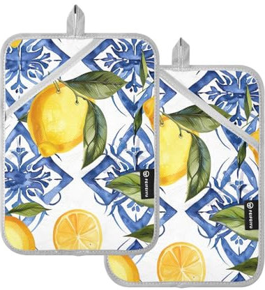 Topflappen im sizilianischen Stil mit Zitronen und blauen Blumen, Set mit 2 heißen Pads für Küche, dekorative Ofen-Pads, mit Taschen, hitzebeständiges Topflappen-Set zum Backen, tägliches Kochen