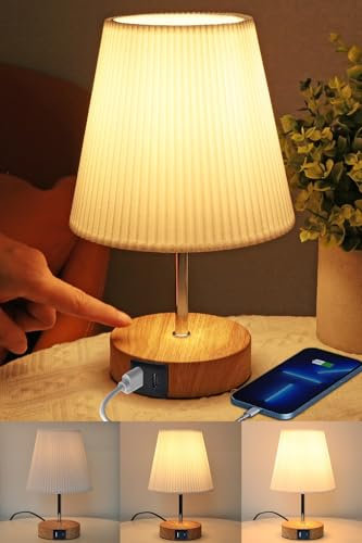 HSLighting Lámpara De Mesita De Noche, Táctil Regulable Lámpara De Mesa Con Función De Carga USB A+C 2 Bombillas LED Pantalla De Lino, Lámpara Pequeña Para Dormitorio Oficina Salón Dormitorio