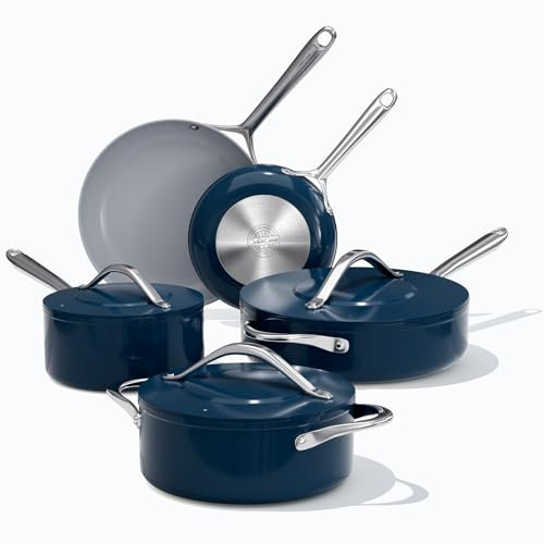 CookinCraze Ceramic Cookware Set 8 Pieces Nonstick Pots and Pans Set with Lid PFAS-Free Non Toxic Cookware, Induction Compatible, Oven Safe, Quick & Even Heat Distribution, Navy Blue