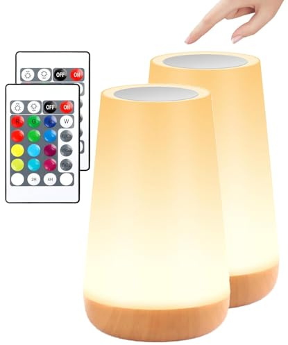 YverLand Lámpara Mesita Noche LED Recargable. Control Táctil y Remoto, 13 Colores, 5 Brillos, 3 Modos, Temporizador Automático, Luz Nocturna Inalámbrica para Dormitorio, Niños y Camping (Cónica x 2)
