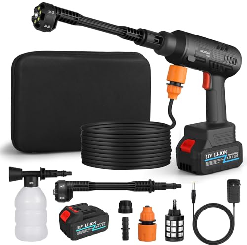 Akku Hochdruckreiniger mit Bürstenloser Motor, 62 Bar Hydroblast Akku-Druckreinigerpistole, 21V Tragbarer Akku-Druckreiniger mit 4000mAh Batterien,Ladegerät,5m Schlauch und 6-in-1-Multifunktionsdüse