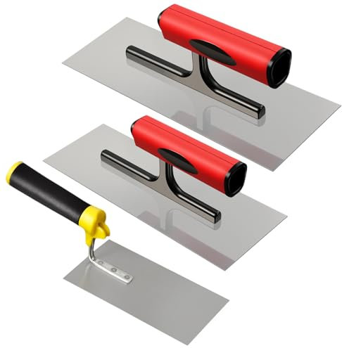PORFOYO Lot de 3 truelles de maçon en acier inoxydable avec poignée souple, truelle de lissage professionnelle en acier inoxydable pour masses de plâtre, béton