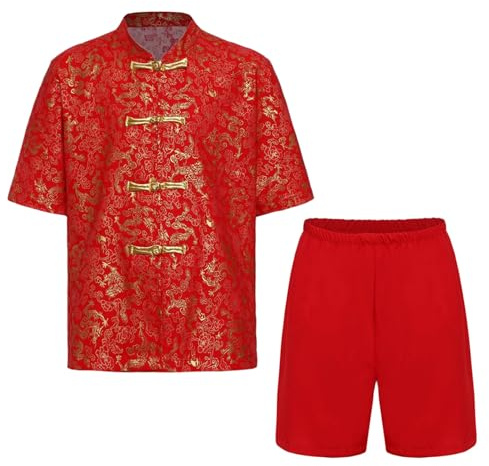 Rswnyirn Boys Embroidered Dragon Tang Uniform Traditional Chinese Martial Arts Outfit for Performance Red-H 13-14 Years