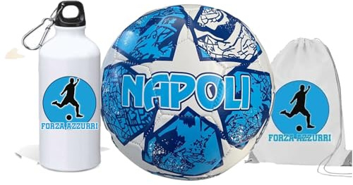 Generico Pallone con i colori del Napoli calcio e scritta Forza Azzurri + una borraccia alluminio e una sacca in nylon con stampa dei colori della tua squadra del cuore partenopeo tifoso regalo