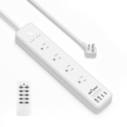 BN-LINK Remote Control Power Strip with 4 Independent Outlets，4 USBs (incl. 20W USB-C), 3.9Ft Extension Cord, 15A/1875W Overload Protection, Wall Mount, for Home, Office, ETL Listed, 1200J
