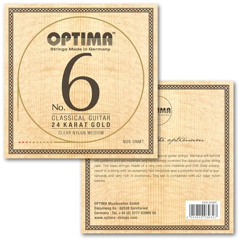 Optima NO6.GNMT Konzertgitarren-Saiten Satz - 24 Karat Gold Bass-Saiten mit Nylon Diskant - Medium Spannung - langlebiger Saitensatz für klassische Gitarre - Klangbild mit Seele - Made in Germany