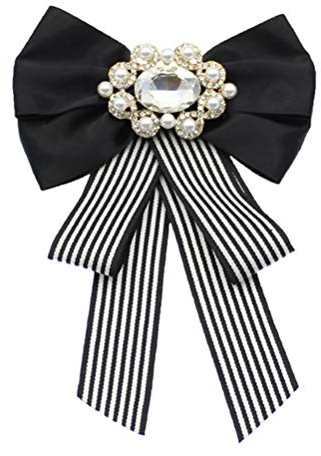 Amosfun Elegante Schwarz-Weiß Gestreifte Fliege FüR Damen, Ausblickend Krawatte Mit Strass Und Perlen, Ideal FüR Business-Outfits Und Als Geschenk