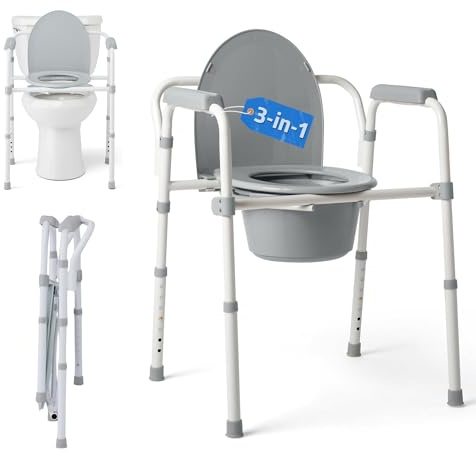 Medline Dark Gray 3-in-1 Folding Commode with Elongated Seat, Microban Treated - Portable, Adjustable, Durable - Ideal for Medical Patients
