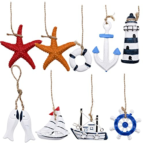 9Pcs Wooden Mini Beach Ornament Kit - Nautical Marine Decoration Home Wall Ornaments Gifts, Sailboats/Fish/Lifebuoy/Anchor/Oar/Starfish/Lighthouse/Boats