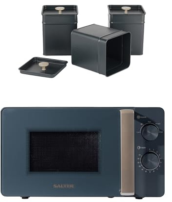 Salter COMBO-8855 Marino Microwave and Canister Set – 20L Freestanding Solo Microwave Oven, Carbon Steel Tea/Coffee/Sugar Tins, 27cm Glass Turntable, Adjustable Dial Control, 800W, Blue Grey