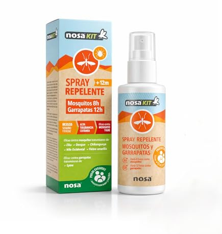 NOSA KIT Spray Repelente de Mosquitos y Garrapatas 100 ml que Ayuda a Repeler Hasta 8h Mosquitos y 12h Garrapatas Sin Perfume y No Graso Uso Familiar Apto Desde 12 Meses para Exterior Diario