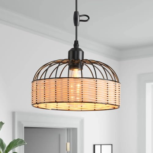ANWIO Deckenlampe Küchenlampe Hängend Wohnzimmerlampe Hängelampe Schlafzimmer, Metall Pendelleuchte Küche Rustikal E27 Boho Rattan Lampenschirm Hängend Wohnzimmer, Ø25cm