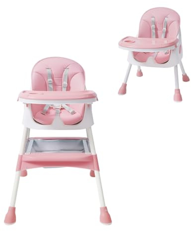 Baby Hochstuhl, 6 in1 Kinderhochstuhl mit Babyliege, Verstellbar Klappbar Hochstuhl Baby mit Fußstütze,Sicherheitsgurte,Doppeltablett, für ab 6 Monaten (rosa)