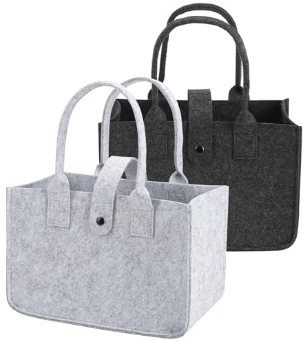 Xialvyu 2 Stück Filztasche Einkaufstasche,Faltbar Filztaschen Shopper Klein Filzkorb Tragetasche Filz Kaminholztasche Kleiderkorb Aufbewahrung,30x20x18cm Hellgrau und Dunkelgrau