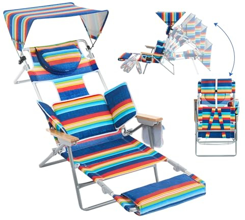 Heavy Duty Backpack Beach Chair with Sun Canopy for Adults, Reclining Lounge Chair Tanning Chair with Face Hole, 5-Position Foldable Camping Chair for Beach, Pool, Patio, Camping, Rainbow, 70.1