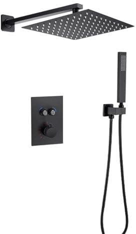 ERSINIAN Sistema de Ducha Empotrado con Mezclador termostático, Cabezal de Ducha Negro y Juego de Manguera, Kit de Cabezal de Ducha Cuadrado de Techo, Acero Inoxidable B, 10 Pulgadas, Doble función