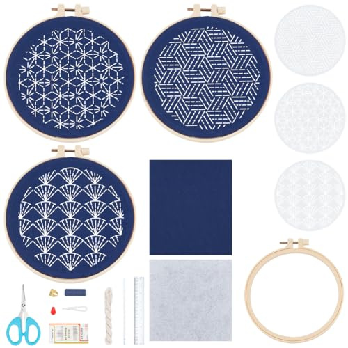 FREEBLOSS Sashiko - Juego de 3 piezas de bordado para colgar en la pared con diferentes plantillas de PET, juego completo de Sashiko, incluye hilo. Agujas de tela para coser a mano para adultos