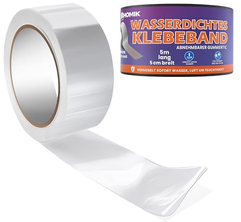 HOMIK Extremt stark transparent vattentät tejp 5 cm x 5 m – tätningstejp och reparationstejp för släta ytor, PVC, plast, metall, UV-resistent