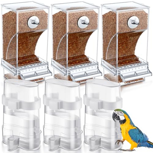 Yaomiao 6 Pcs No Mess Bird Feeders Automatic Clear Parrot Water Dispenser Acrylic Quail Feeder and Watered Cage Accessories Indoor for Small and Medium Parrot Cockatiel Canary(Clear Feeder)