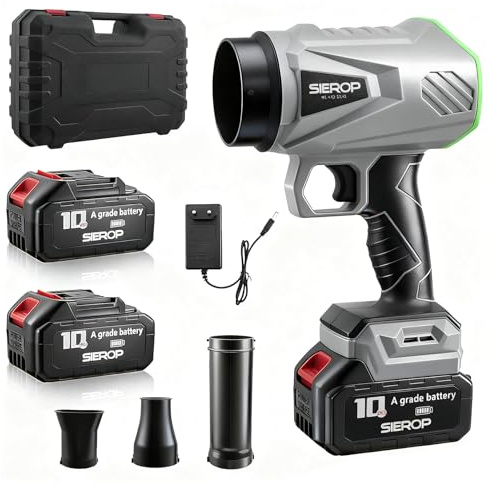 Soplador de hojas inalámbrico pequeño con 2 baterías de 2,5 Ah y cargador y 3 boquillas, fuerza de soplado 1,2 kg, motor sin escobillas de 40,000 rpm, para camping, jardín cuidado del césped y taller