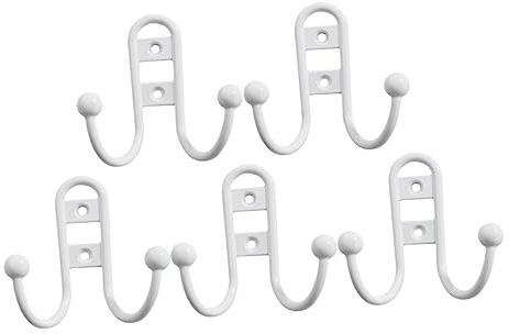 VICASKY 5Pcs White Zinc Alloy Double Wall Hooks Multipurpose Wall Mount Organizer for Coats Hats Bags Keychains with Smooth Surface and Slip Arc Design