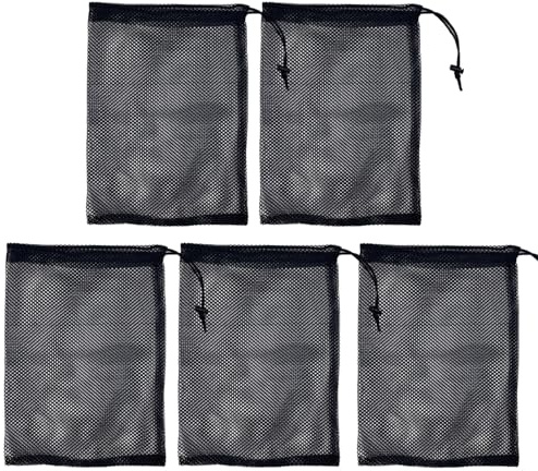 Verazquy 5Pcs Mesh Drawstring Bags - Extra Black Nylon Net Tote for Wet Swimming Beach Gear, Pool Toys, Sports Equipment Storage - Breathable Quick-Dry Organiser Bag with Cord Lock.