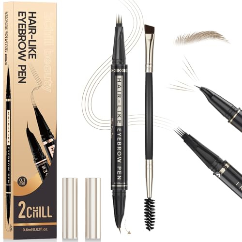 2CHILL 30° Curved Eyebrow Pen, Magic 2 in 1 Eyebrow Pen Pro, Waterproof Eye Brow Pen with 4 Tips, Vivid Microblading Brow Pens for Women, Last All Day Makeup (02 Brown)