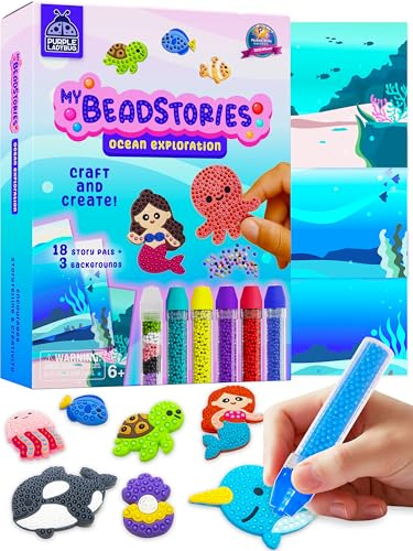 Bead Art & Painting For Kids Creative Arts & Crafts Ocean Themed Set | Birthday Gifts for Girls & Boys 8–12 Year Old, Craft Set with Colorful Templates, Beads Pen & Painting Activities