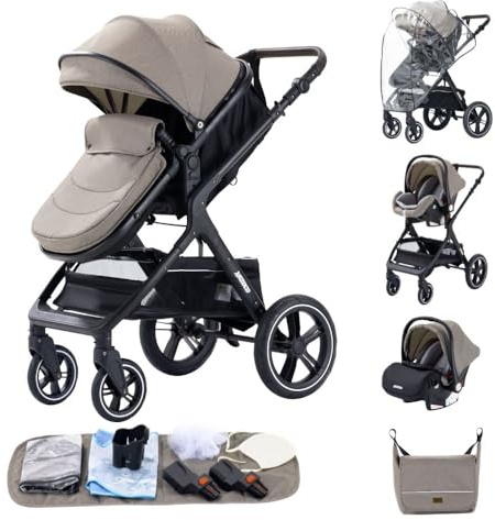 GLOKID 3-in-1 Luxury Baby Travel System Pram - High Landscape Stroller with 360° Reversible Seat, One-Click Folding & Mosquito Net, Lightweight Aluminum Frame for Newborns to Toddlers (X1 Khaki)