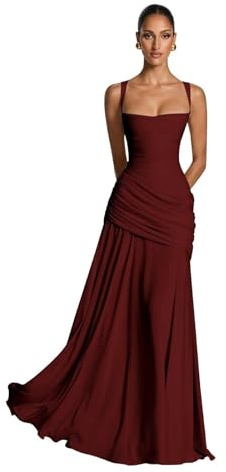 Générique Robe Demoiselle d'honneur 2026 Jaune Chiffon Col Carré Bretelles Fines Robe Longue A-Line Robe de Bal Corset Plissée Ridée(Burgundy,M)