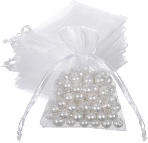 JJUNW 100 st mini organza-väska tunn, små nät presentpåsar, bröllop tjänst nätväskor med dragsko smycken presentpåse för godis bröllopsfest gåva möhippa mors dag och baby shower (vit)